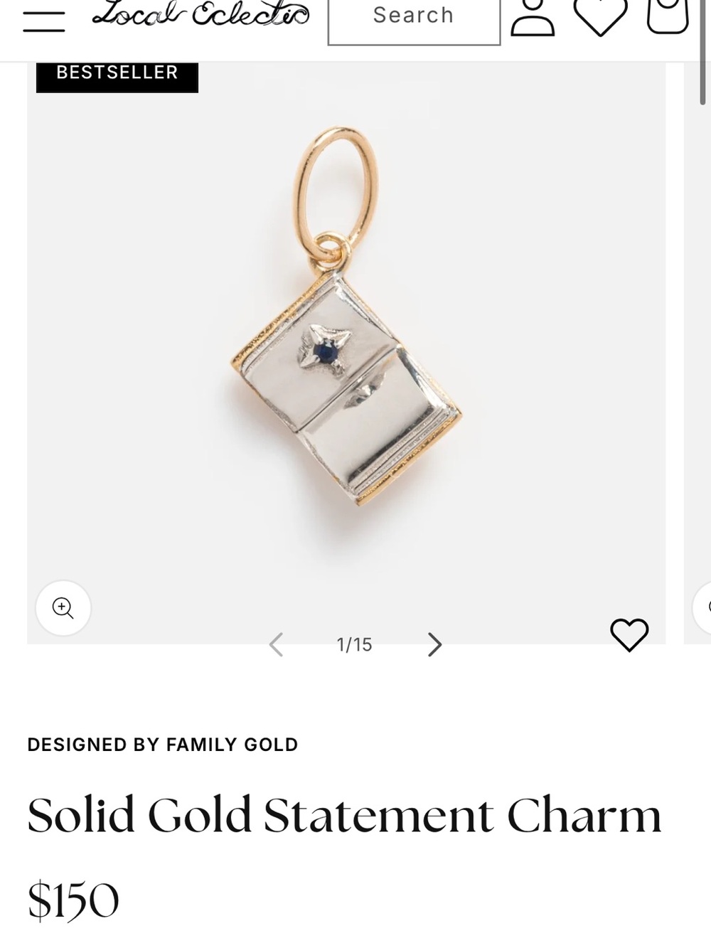 Local Eclectic 9k gold and white gold open book charm with blue sapphire